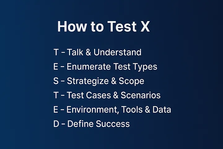 The TESTED Framework: A repeatable structure for tackling open-ended testing questions.